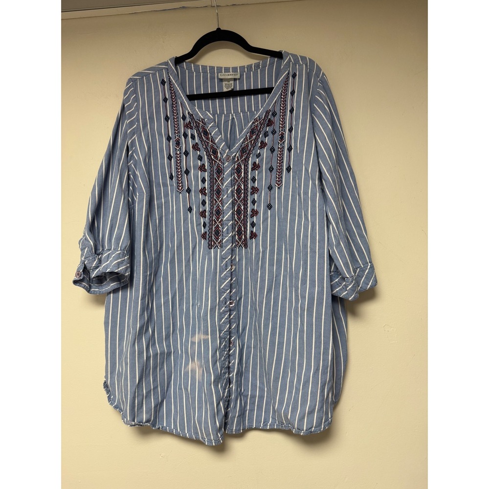 Catherines Plus Size Blue White Stripe Embroidered Tunic Top 2X‎ Roll Tab Sleeve